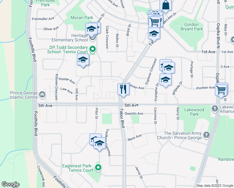 map of restaurants, bars, coffee shops, grocery stores, and more near 467 Tabor Boulevard in Prince George