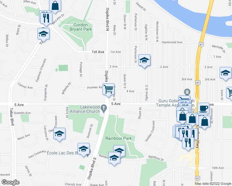 map of restaurants, bars, coffee shops, grocery stores, and more near 3971 4 Avenue in Prince George