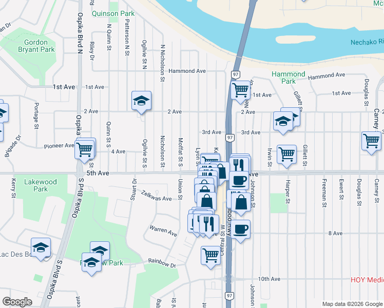 map of restaurants, bars, coffee shops, grocery stores, and more near 411 South Lyon Street in Prince George