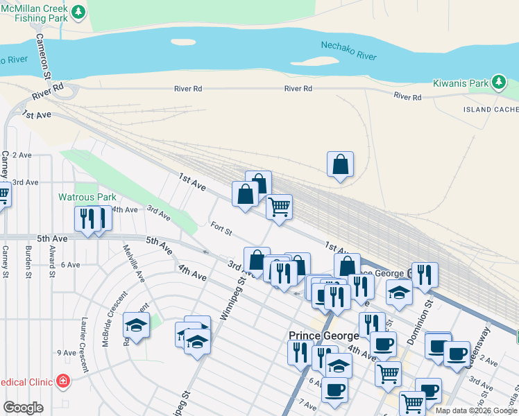 map of restaurants, bars, coffee shops, grocery stores, and more near 1550 1st Avenue in Prince George