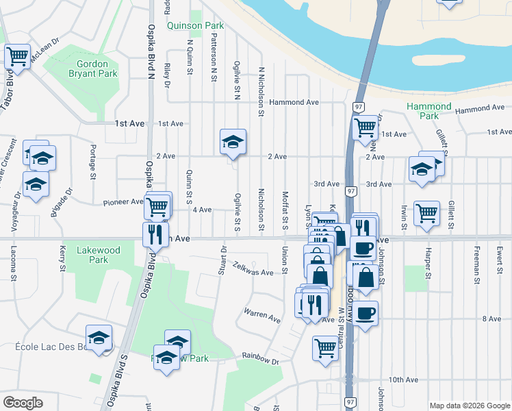 map of restaurants, bars, coffee shops, grocery stores, and more near 373 Nicholson Street South in Prince George