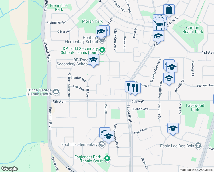 map of restaurants, bars, coffee shops, grocery stores, and more near 417 Tara Place in Prince George
