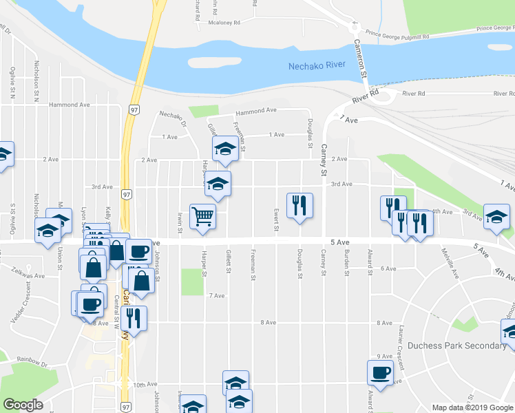 map of restaurants, bars, coffee shops, grocery stores, and more near 372 Freeman Street in Prince George