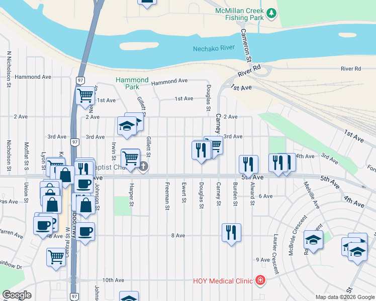 map of restaurants, bars, coffee shops, grocery stores, and more near 370 Ewert Street in Prince George