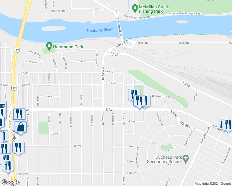 map of restaurants, bars, coffee shops, grocery stores, and more near 362 Burden Street in Prince George