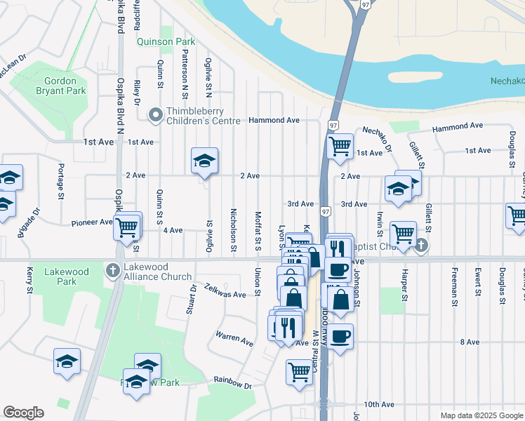 map of restaurants, bars, coffee shops, grocery stores, and more near 324 Moffat Street South in Prince George