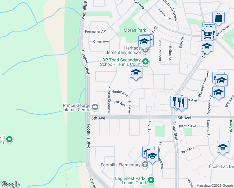 map of restaurants, bars, coffee shops, grocery stores, and more near 4569 Hunter Avenue in Prince George