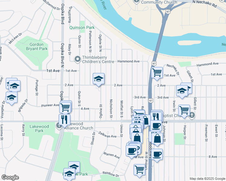 map of restaurants, bars, coffee shops, grocery stores, and more near 3555 2 Avenue in Prince George