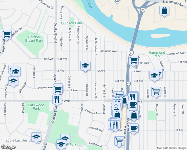 map of restaurants, bars, coffee shops, grocery stores, and more near in Prince George