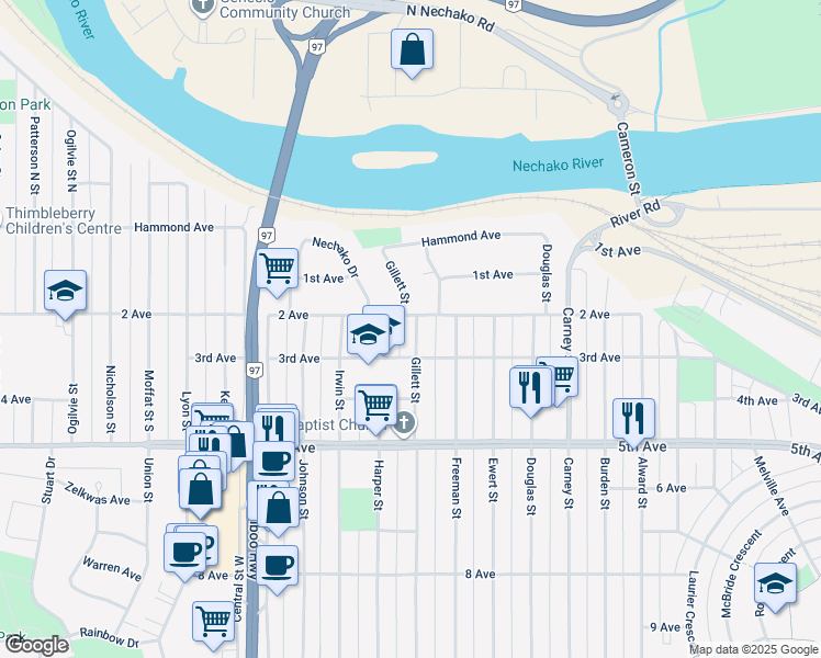 map of restaurants, bars, coffee shops, grocery stores, and more near 212 Gillett Street in Prince George