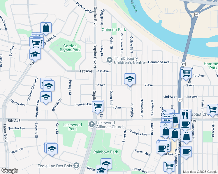 map of restaurants, bars, coffee shops, grocery stores, and more near 203 Quinn Street South in Prince George