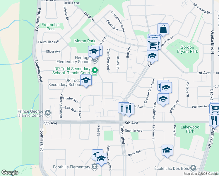 map of restaurants, bars, coffee shops, grocery stores, and more near 361 Graham Street in Prince George