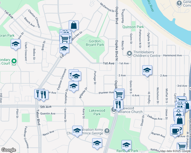 map of restaurants, bars, coffee shops, grocery stores, and more near Portage Street in Prince George