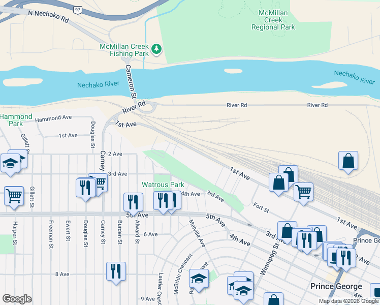 map of restaurants, bars, coffee shops, grocery stores, and more near 2041 1st Avenue in Prince George