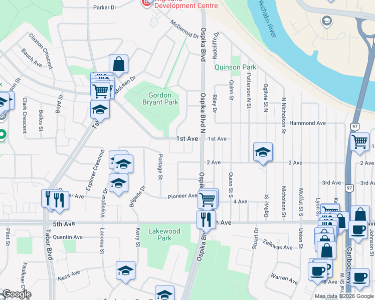 map of restaurants, bars, coffee shops, grocery stores, and more near 139 Conveyor Street in Prince George