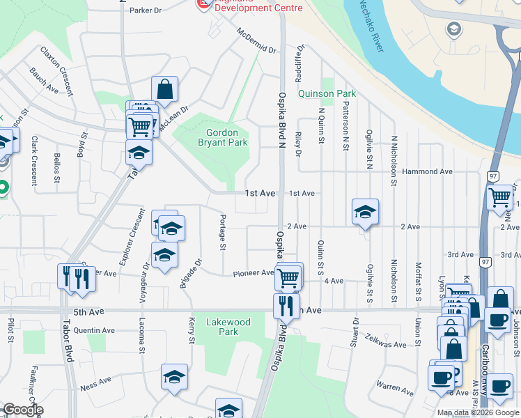 map of restaurants, bars, coffee shops, grocery stores, and more near 139 Conveyor Street in Prince George