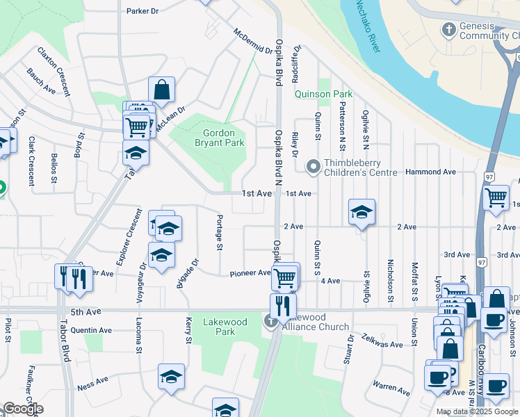 map of restaurants, bars, coffee shops, grocery stores, and more near 4052 1st Avenue in Prince George