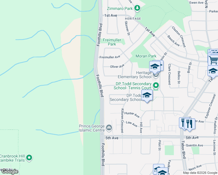 map of restaurants, bars, coffee shops, grocery stores, and more near 331 Killoren Crescent in Prince George