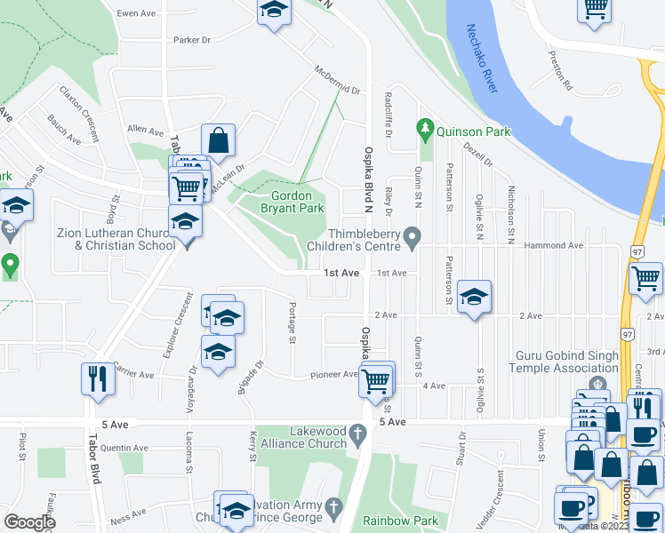 map of restaurants, bars, coffee shops, grocery stores, and more near 4052 1st Avenue in Prince George