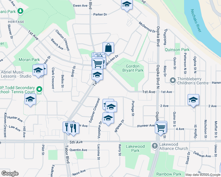 map of restaurants, bars, coffee shops, grocery stores, and more near 4133 1st Avenue in Prince George