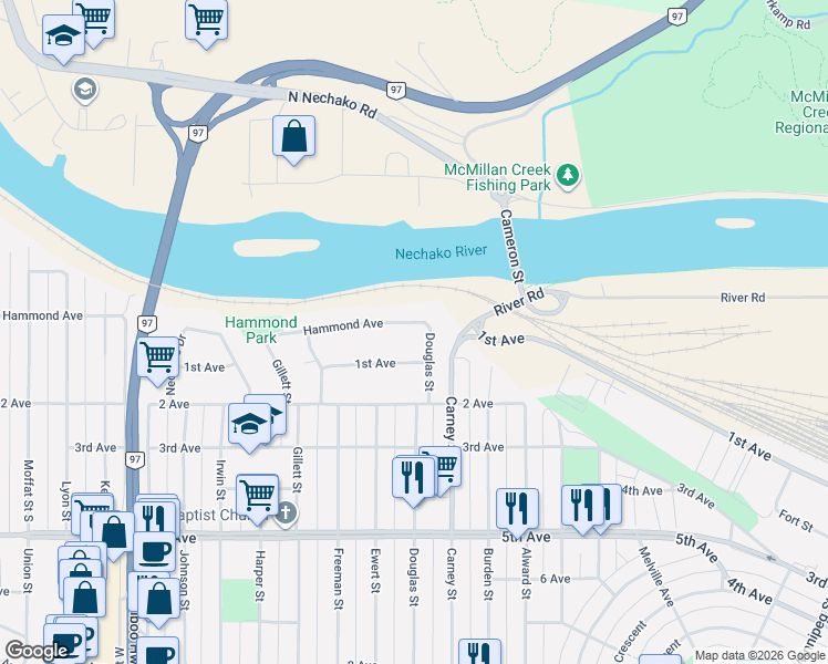 map of restaurants, bars, coffee shops, grocery stores, and more near 2475 Hammond Avenue in Prince George