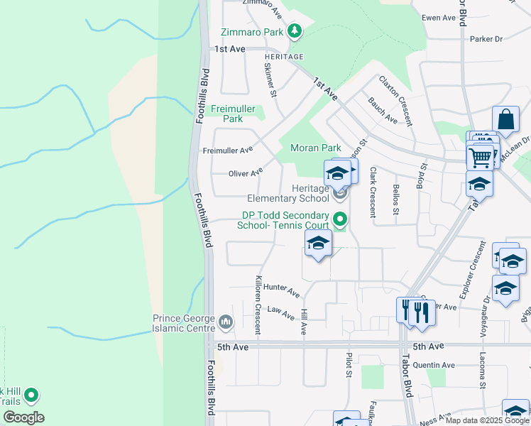 map of restaurants, bars, coffee shops, grocery stores, and more near 354 Killoren Crescent in Prince George