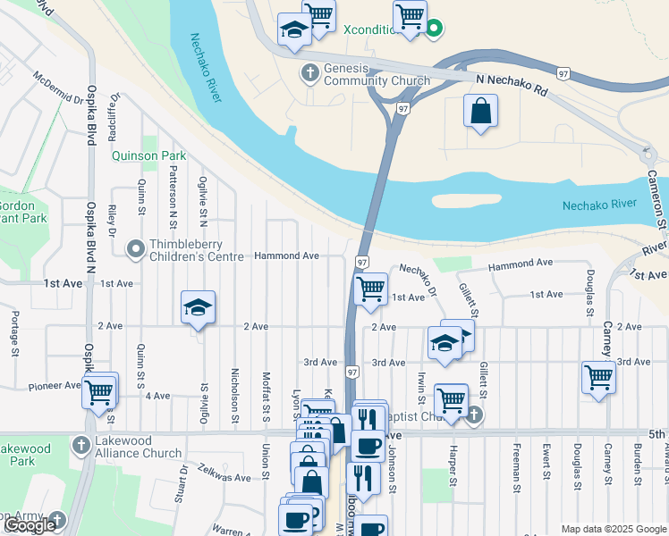 map of restaurants, bars, coffee shops, grocery stores, and more near 170 Kelly Street North in Prince George