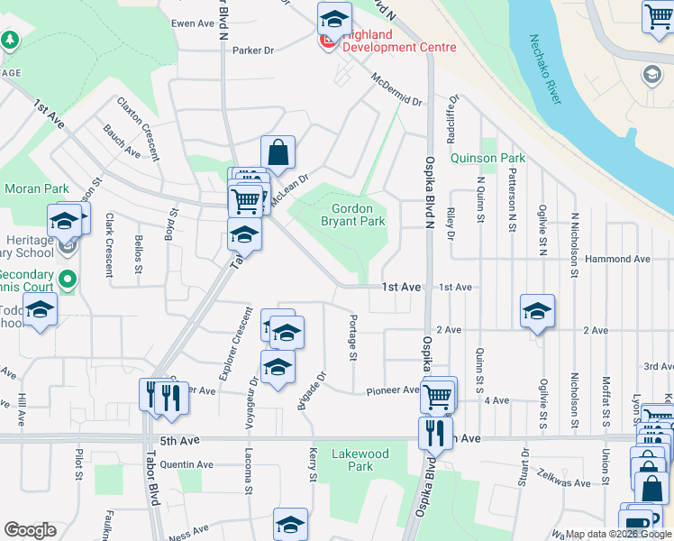 map of restaurants, bars, coffee shops, grocery stores, and more near 4122 1st Avenue in Prince George