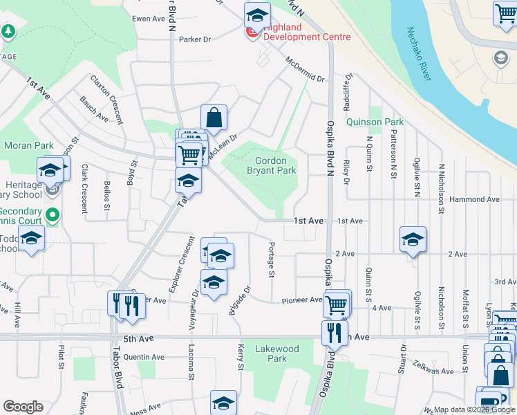 map of restaurants, bars, coffee shops, grocery stores, and more near 4122 1st Avenue in Prince George