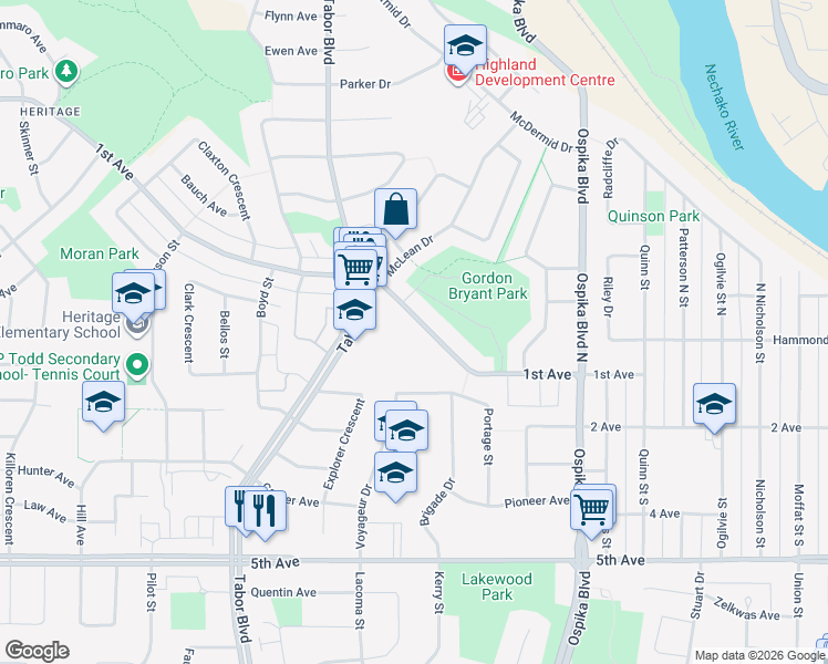 map of restaurants, bars, coffee shops, grocery stores, and more near 4169 1st Avenue in Prince George