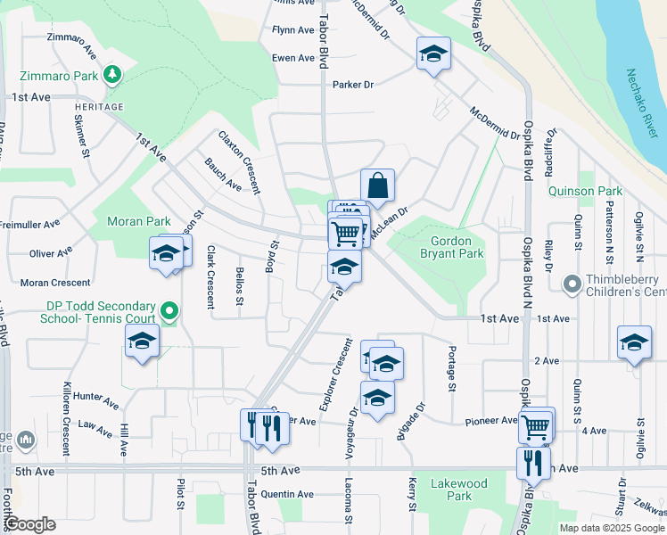 map of restaurants, bars, coffee shops, grocery stores, and more near 171 Tabor Boulevard in Prince George