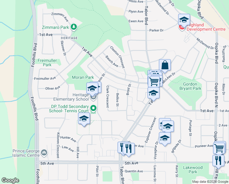 map of restaurants, bars, coffee shops, grocery stores, and more near 261 Bellos Street in Prince George