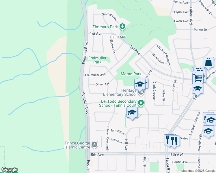 map of restaurants, bars, coffee shops, grocery stores, and more near Pinker Street in Prince George