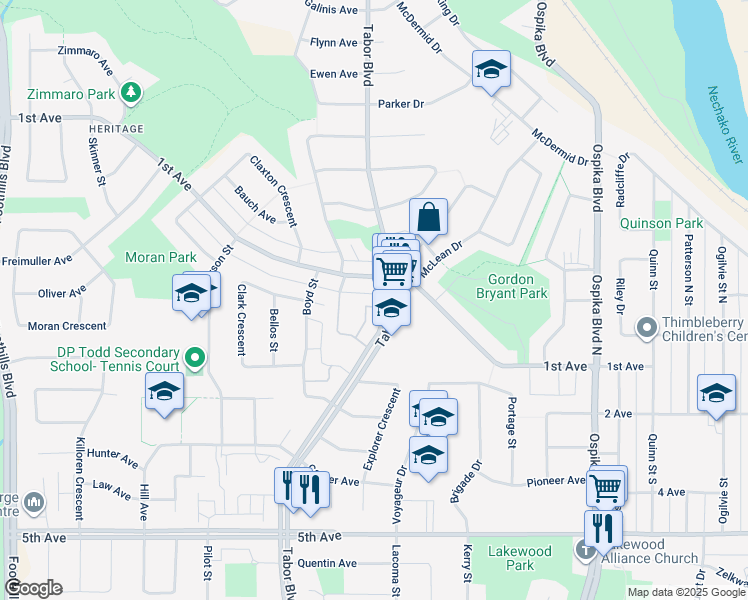 map of restaurants, bars, coffee shops, grocery stores, and more near 171 Tabor Boulevard in Prince George