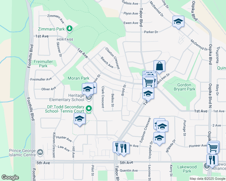 map of restaurants, bars, coffee shops, grocery stores, and more near 260 Bellos Street in Prince George