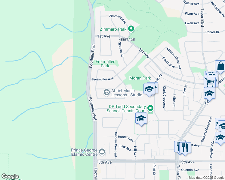 map of restaurants, bars, coffee shops, grocery stores, and more near 4725 Oliver Avenue in Prince George