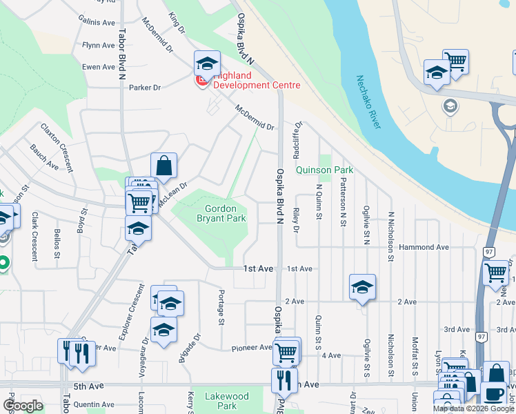 map of restaurants, bars, coffee shops, grocery stores, and more near McIntyre Crescent in Prince George