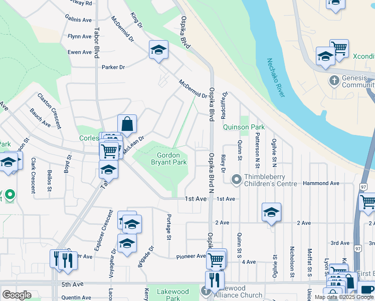 map of restaurants, bars, coffee shops, grocery stores, and more near 251 McIntyre Crescent in Prince George