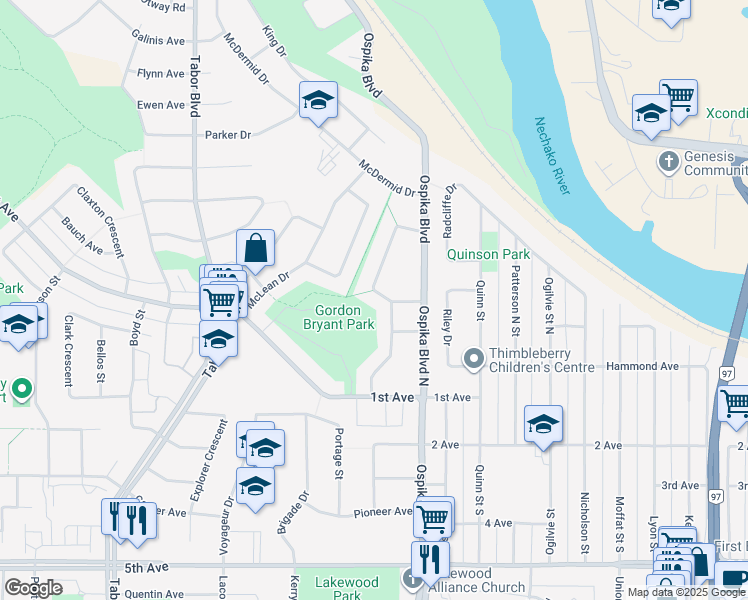 map of restaurants, bars, coffee shops, grocery stores, and more near 215 McIntyre Crescent in Prince George