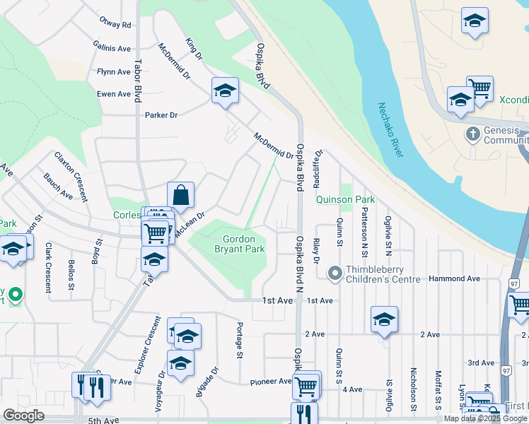 map of restaurants, bars, coffee shops, grocery stores, and more near 251 McIntyre Crescent in Prince George
