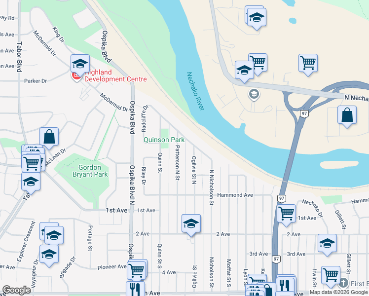 map of restaurants, bars, coffee shops, grocery stores, and more near 436 Patterson Street in Prince George
