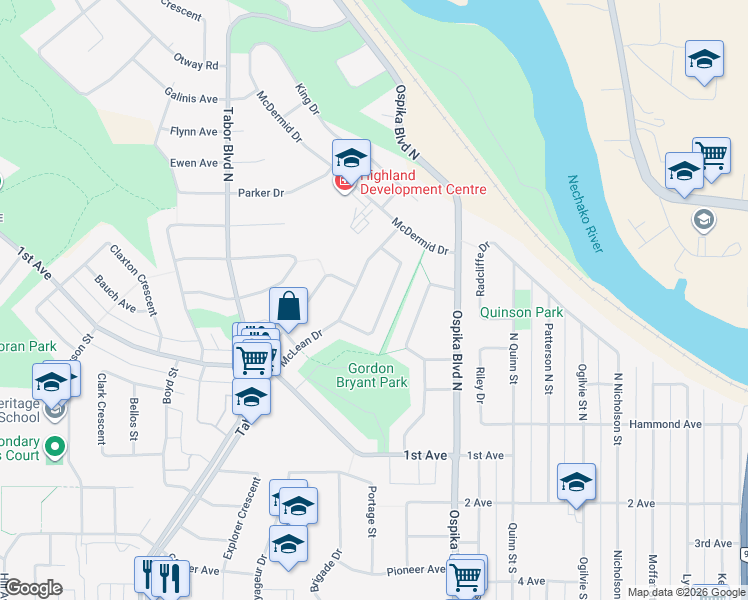 map of restaurants, bars, coffee shops, grocery stores, and more near 195 Gordon Crescent in Prince George
