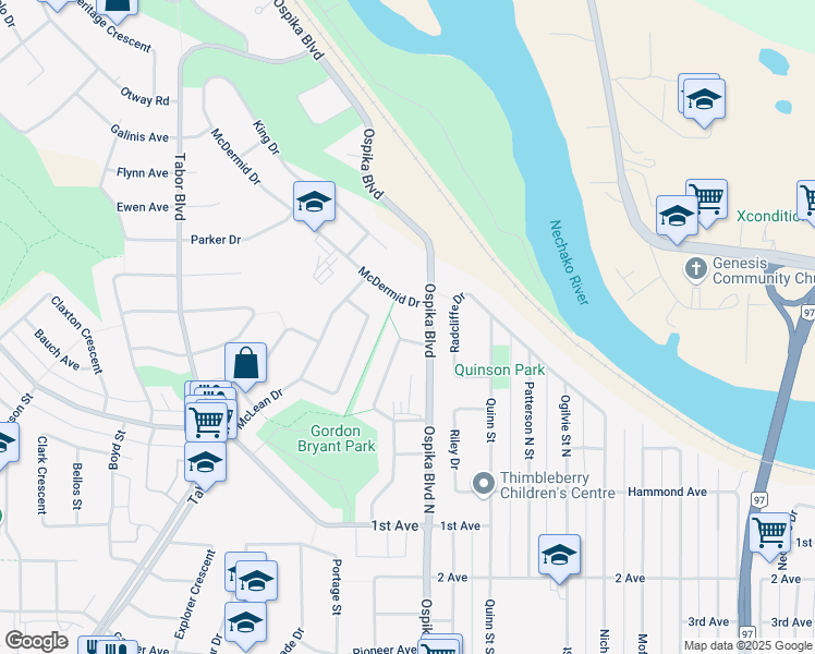 map of restaurants, bars, coffee shops, grocery stores, and more near 324 McIntyre Crescent in Prince George