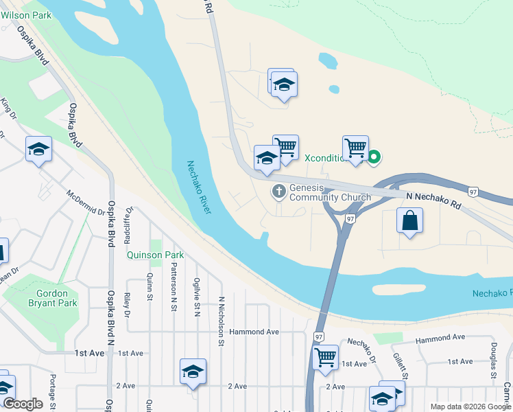 map of restaurants, bars, coffee shops, grocery stores, and more near 757 Preston Road in Prince George