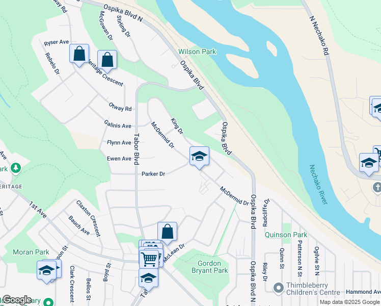 map of restaurants, bars, coffee shops, grocery stores, and more near 178 Parker Drive in Prince George