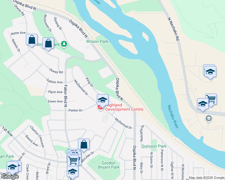 map of restaurants, bars, coffee shops, grocery stores, and more near 713 Ayr Place in Prince George