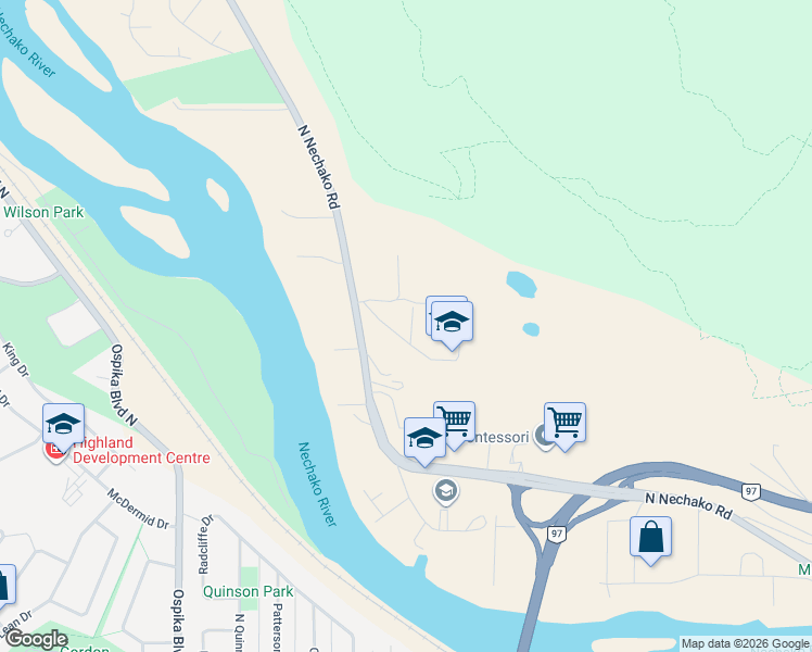 map of restaurants, bars, coffee shops, grocery stores, and more near 3466 Sutherland Road in Prince George