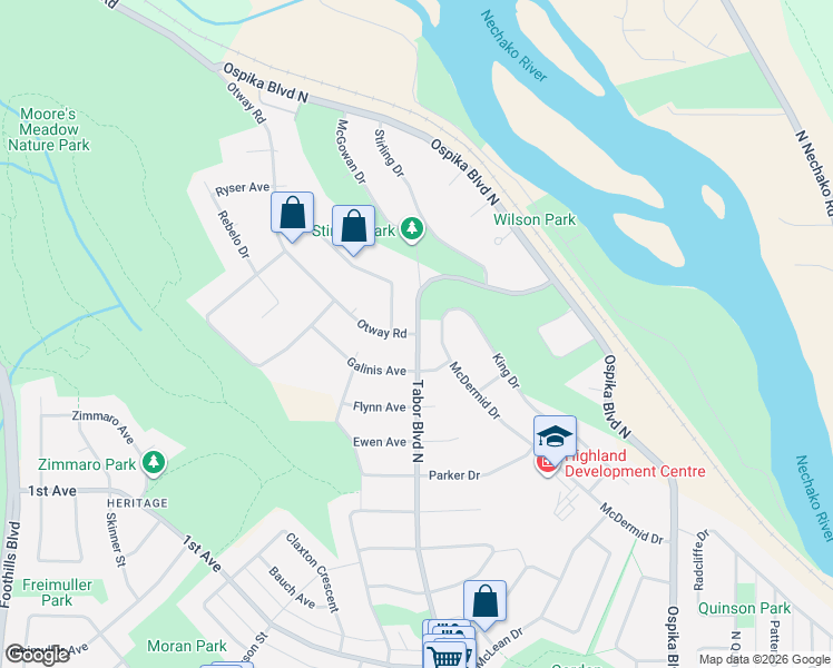 map of restaurants, bars, coffee shops, grocery stores, and more near 2400 Otway Road in Prince George