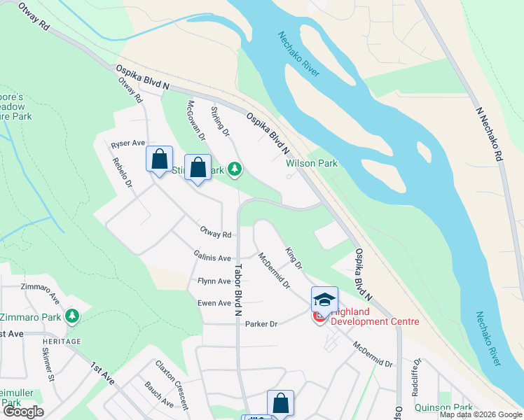 map of restaurants, bars, coffee shops, grocery stores, and more near 232 King Drive in Prince George