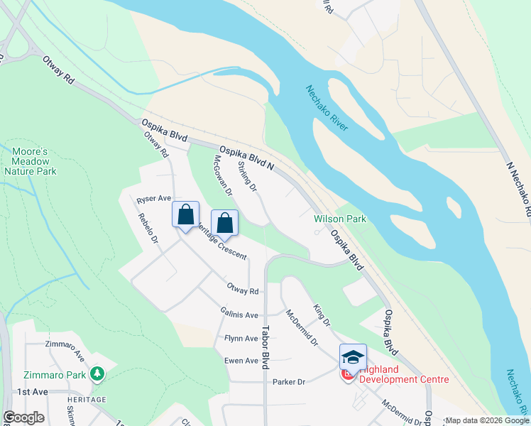 map of restaurants, bars, coffee shops, grocery stores, and more near Stirling Drive in Prince George